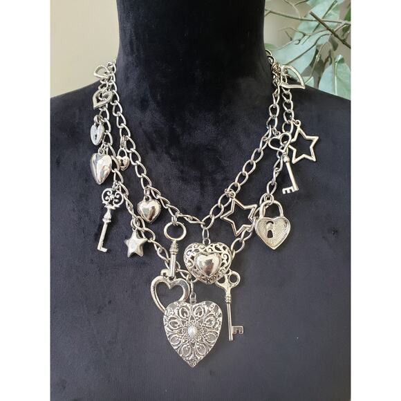 Womens 2 Strand Silver Plated Heart Star Key Charms Necklace with Toggle Clasp - Picture 1 of 6